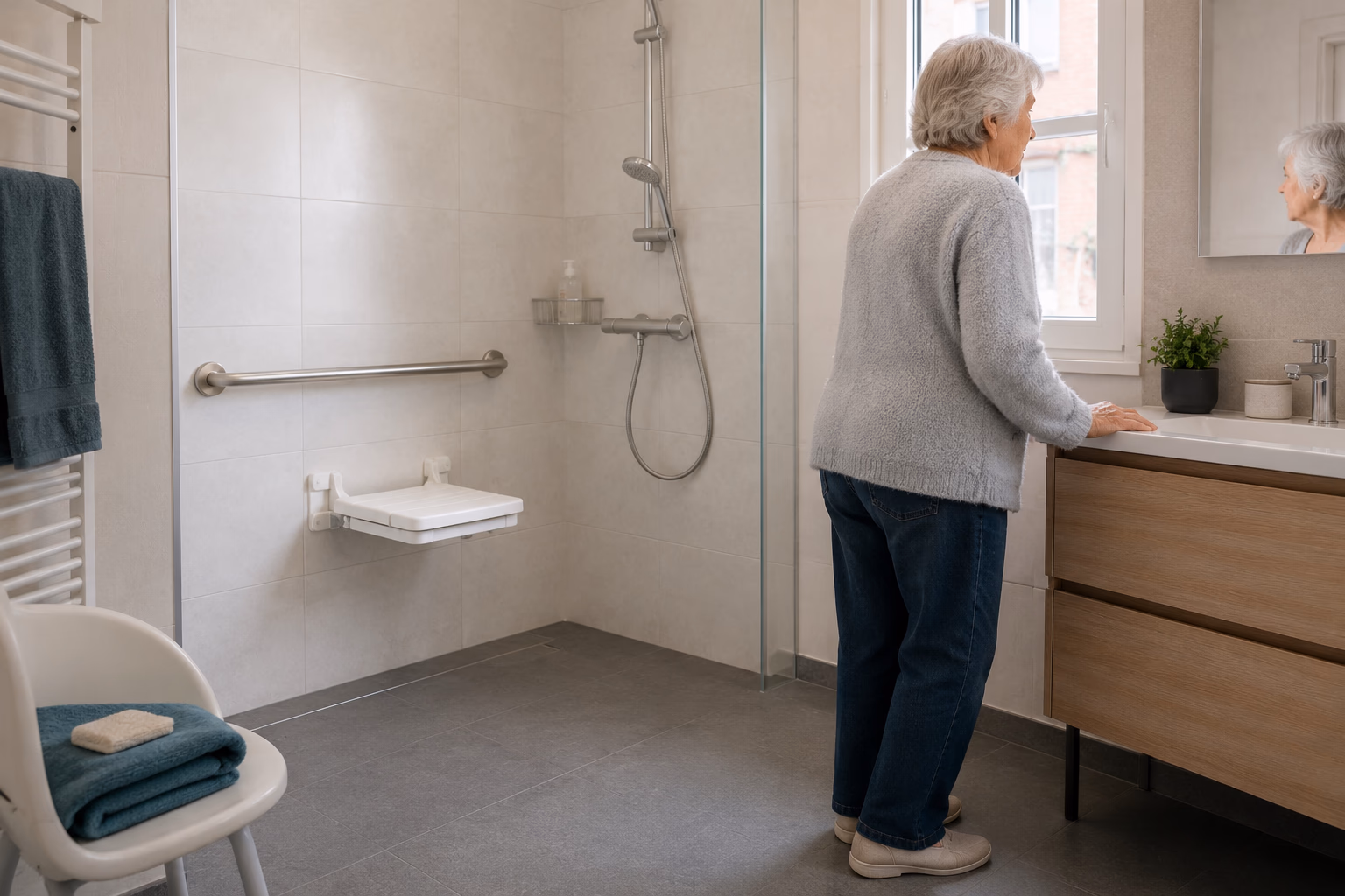 Salle de bain de personne âgée rénovée à Toulouse avec douche à l'italienne plain-pied, barre d'appui inox et siège de douche rabattable, sol antidérapant gris